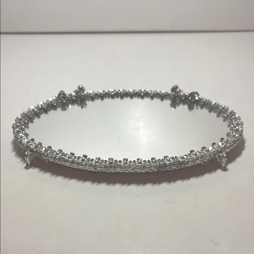 Elegant Silver Vanity Oval Mirror Tray with Cherobs